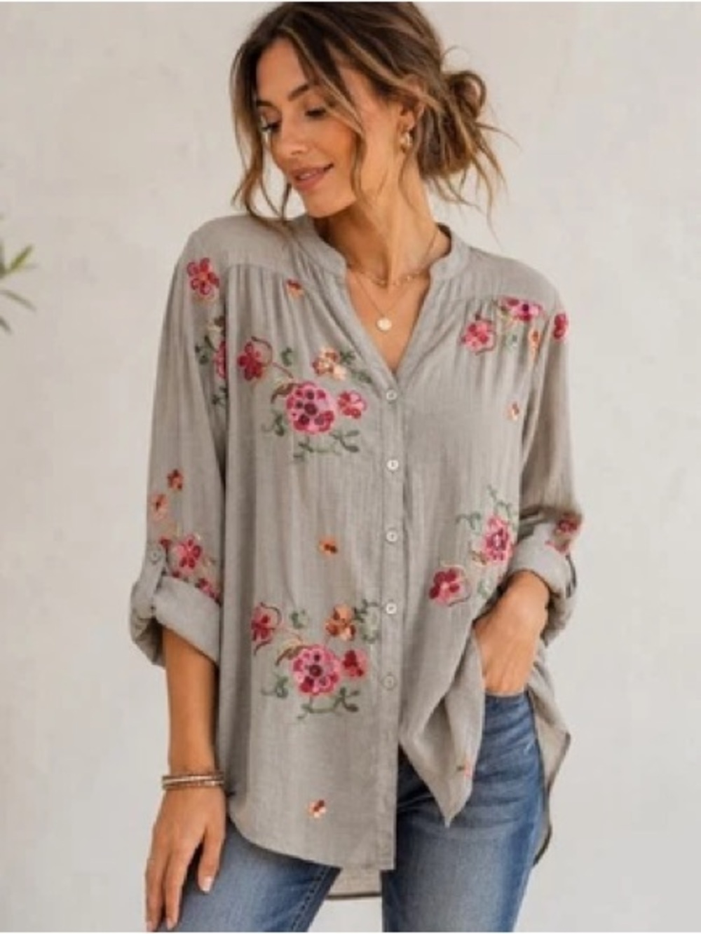 Embroidered Floral Button-Front Top in Light Gray